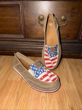 Ariat Canvas American Flag Slip-Ons with Brown Suede Trim